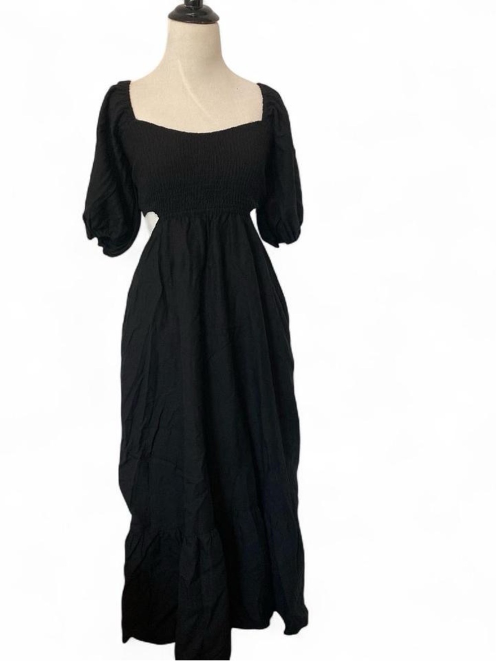 O.P.T. Black Smocked Puff-Sleeve Maxi Dress